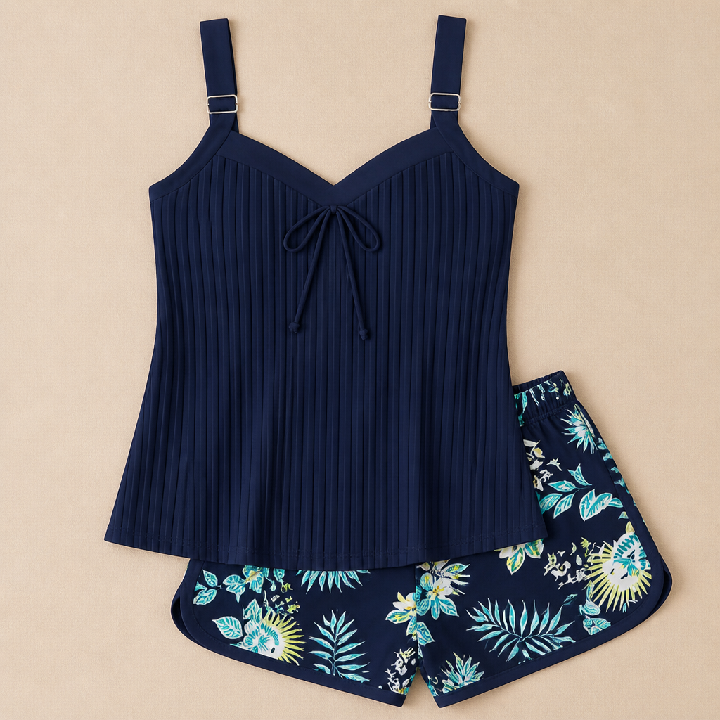SoloraSway™ – Flowing Pleated Tankini Set with Coverage Shorts