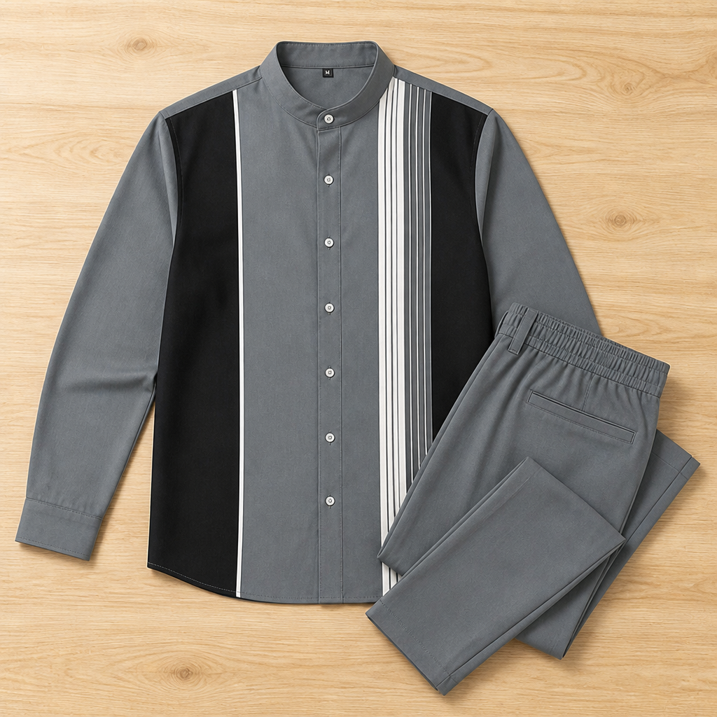 ValoroEdge™ – Color-Block Striped Mandarin-Collar Shirt & Pants Set