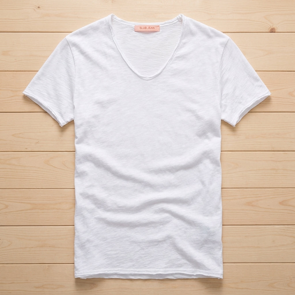 AeroLuxe™ – Lightweight Slub Cotton V-Neck Tee with Raw-Edge Trim