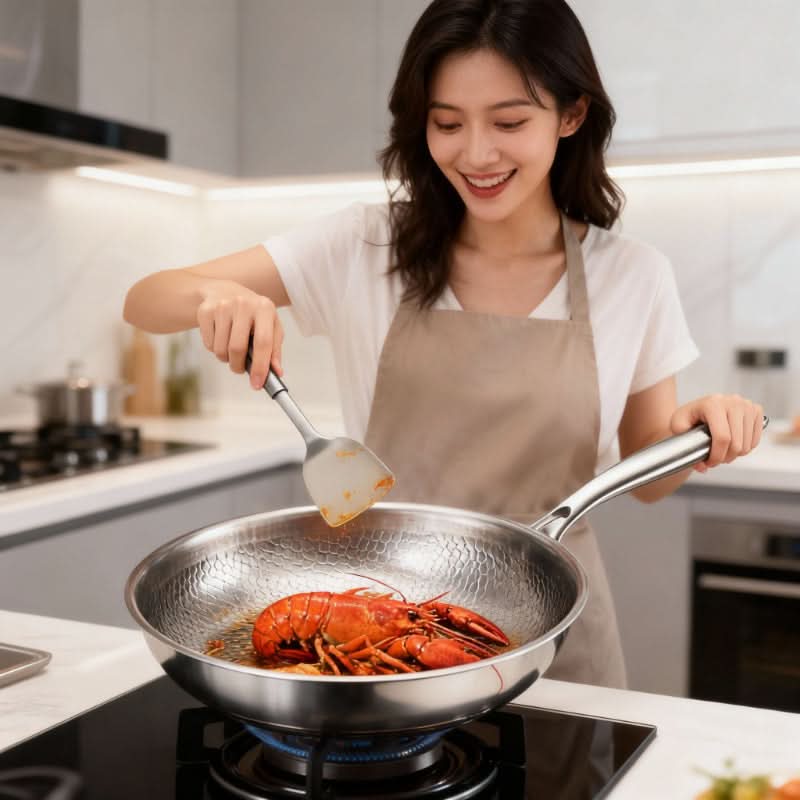 Hammered Stainless Steel Wok with Sturdy Glass Lid