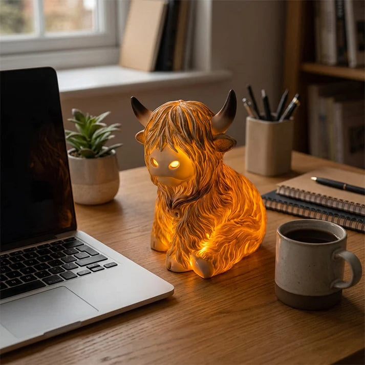 Highland Cattle Night Lamp Made from Resin – Decorative Light with Warm Amber Glow