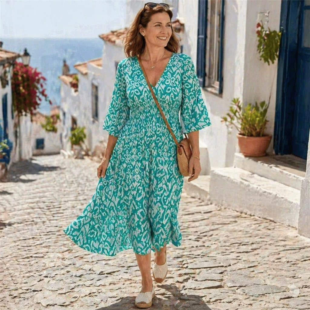 Majestella™ – Flowy V-Neck Midi Dress with Smocked Waist