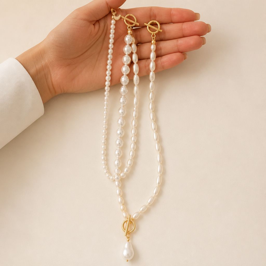 VeraLuxe™ – Triple-Strand Pearl Necklace Set with Gold Toggle Fastenings