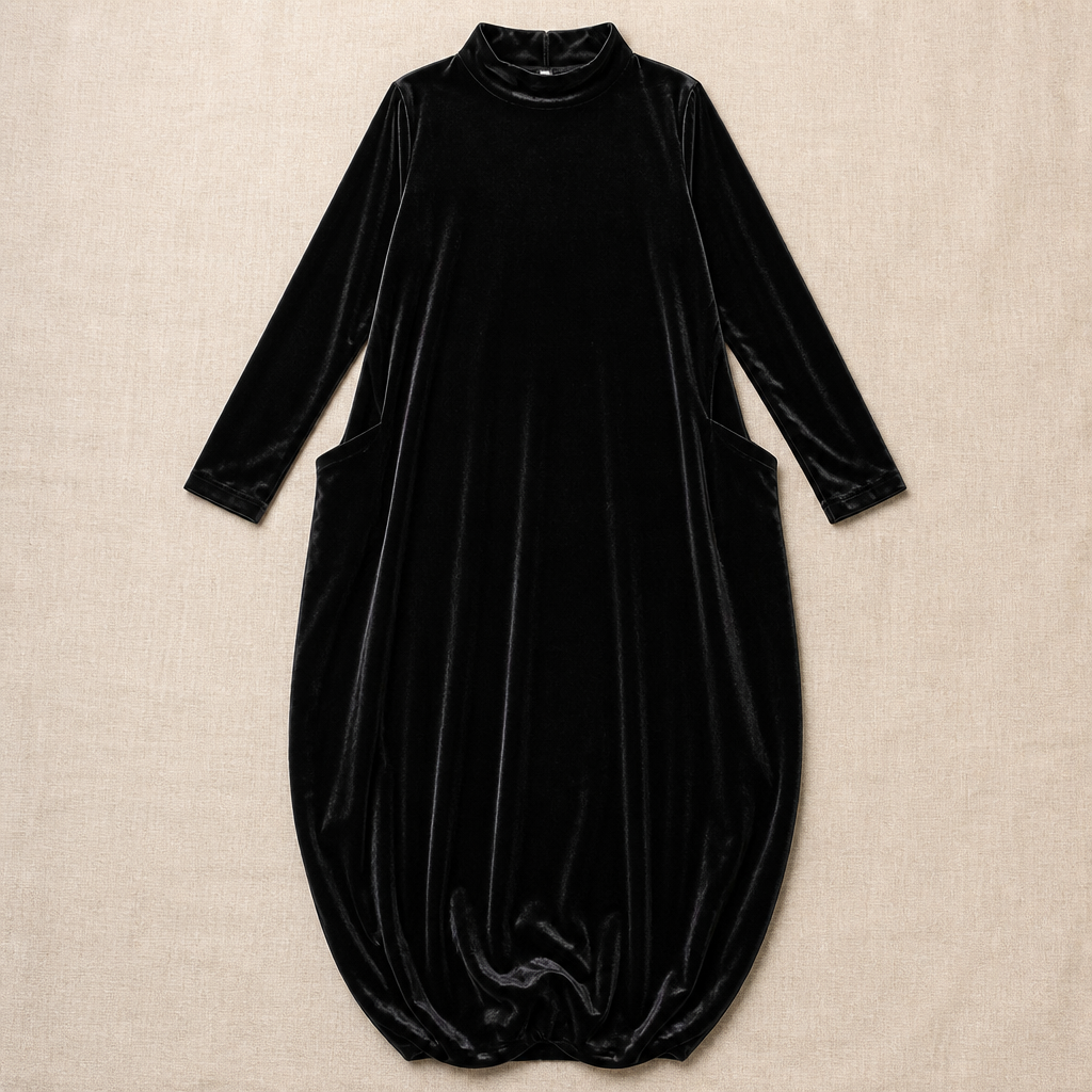 VioraForm™ – Velvet Cocoon Maxi Dress with Mock-Neck and Side Pockets