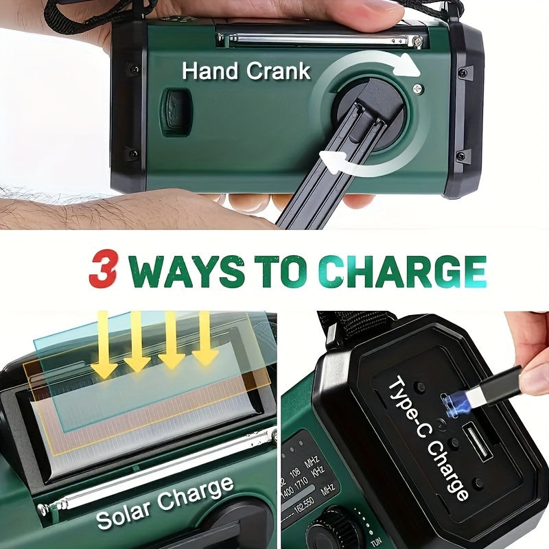 Survival Radio with 10,000 mAh Battery | Solar, Hand Crank & USB-C Charging | LED Torch, SOS Alert & Navigation