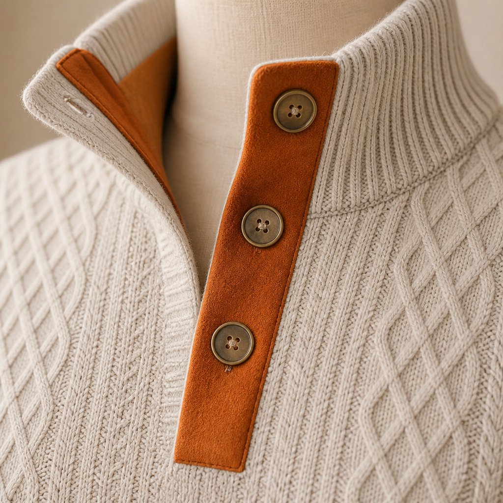 AtlasForge™ – Jacquard Textured Stand-Collar Sweater with Elbow Patches
