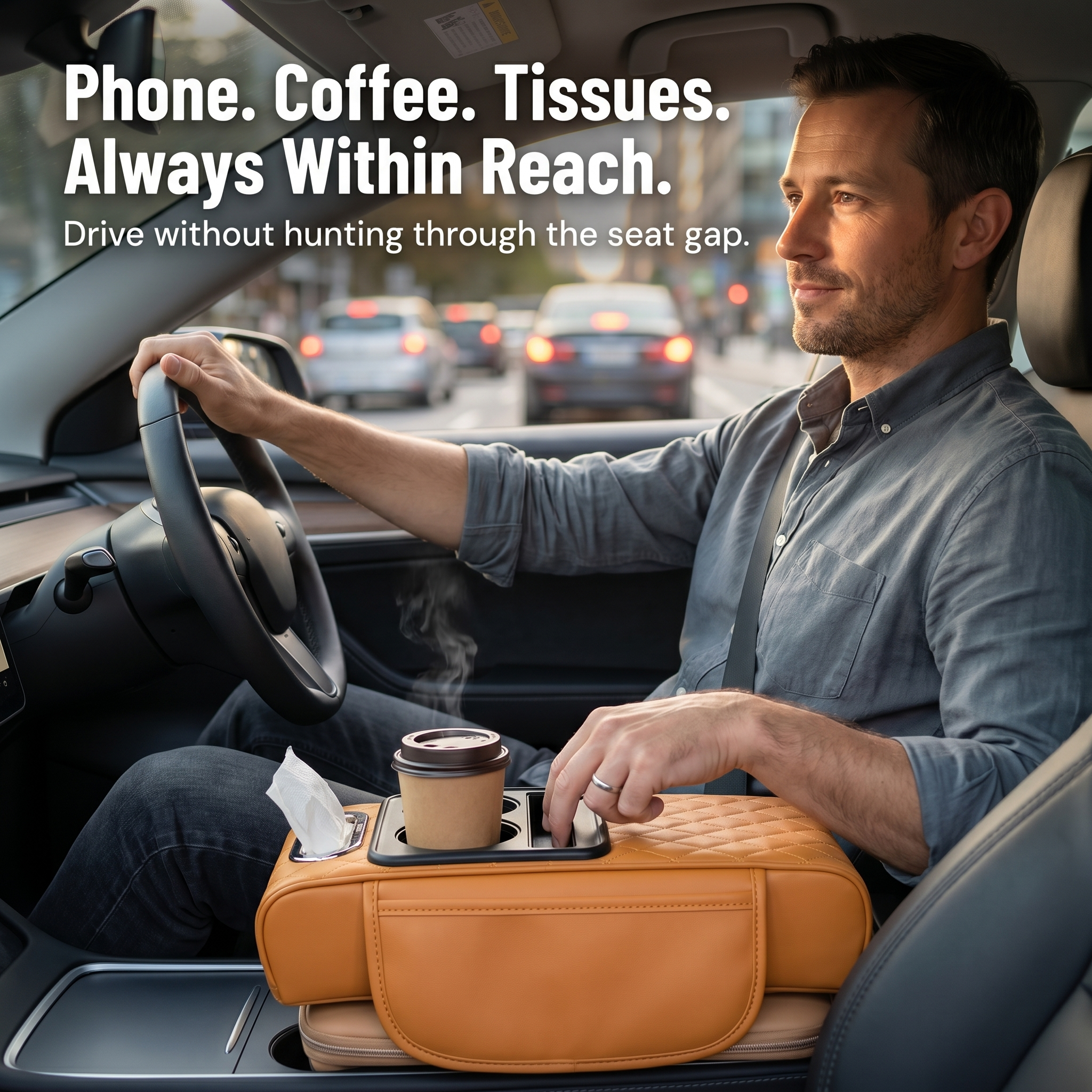 LuminaLuxe™ — Control Center Console Clutter With a Single Strap-On Armrest Pad