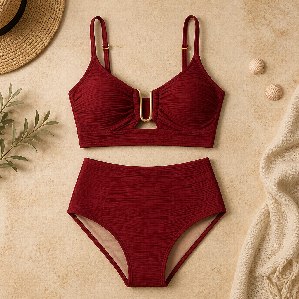 VeloraCurve™ – High-Waist Tummy-Control Bikini Set with Gold U-Wire