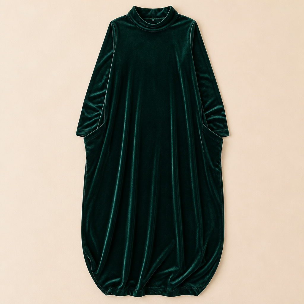 VioraForm™ – Velvet Cocoon Maxi Dress with Mock-Neck and Side Pockets