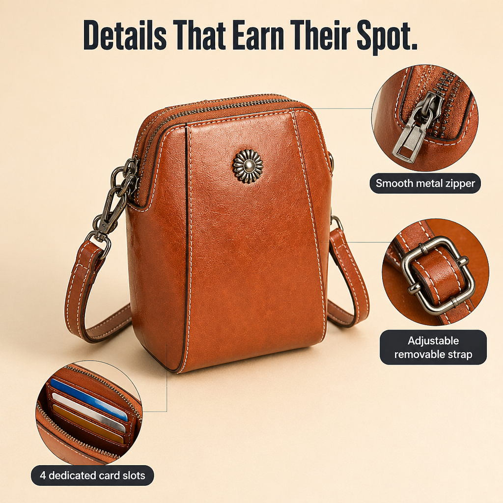 VividAura™ — Soft-Leather Crossbody to Hold Phone, Cards & Lipstick All-in-One