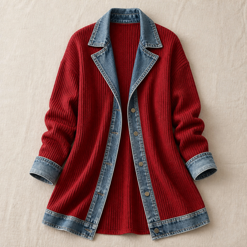 SolaceRidge™ – Soft Ribbed Knit Jacket with Contrast Denim Trim