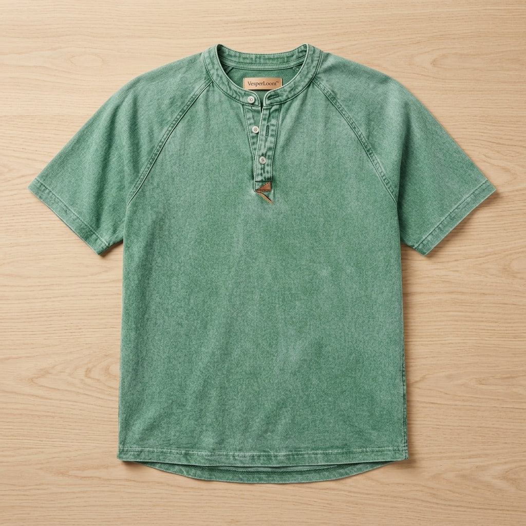 VesperLoom™ – Vintage Mineral-Wash Raglan Henley Tee