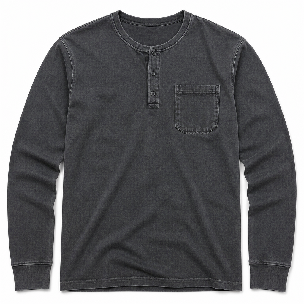 VeroVibe™ – Long Sleeve Henley in Vintage Wash with Chest Pocket