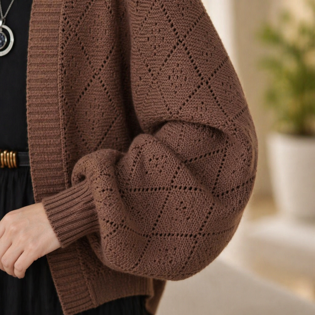 AerieLuxe™ – Hollow Knit Shawl Cardigan with Lantern Sleeves and Open Front