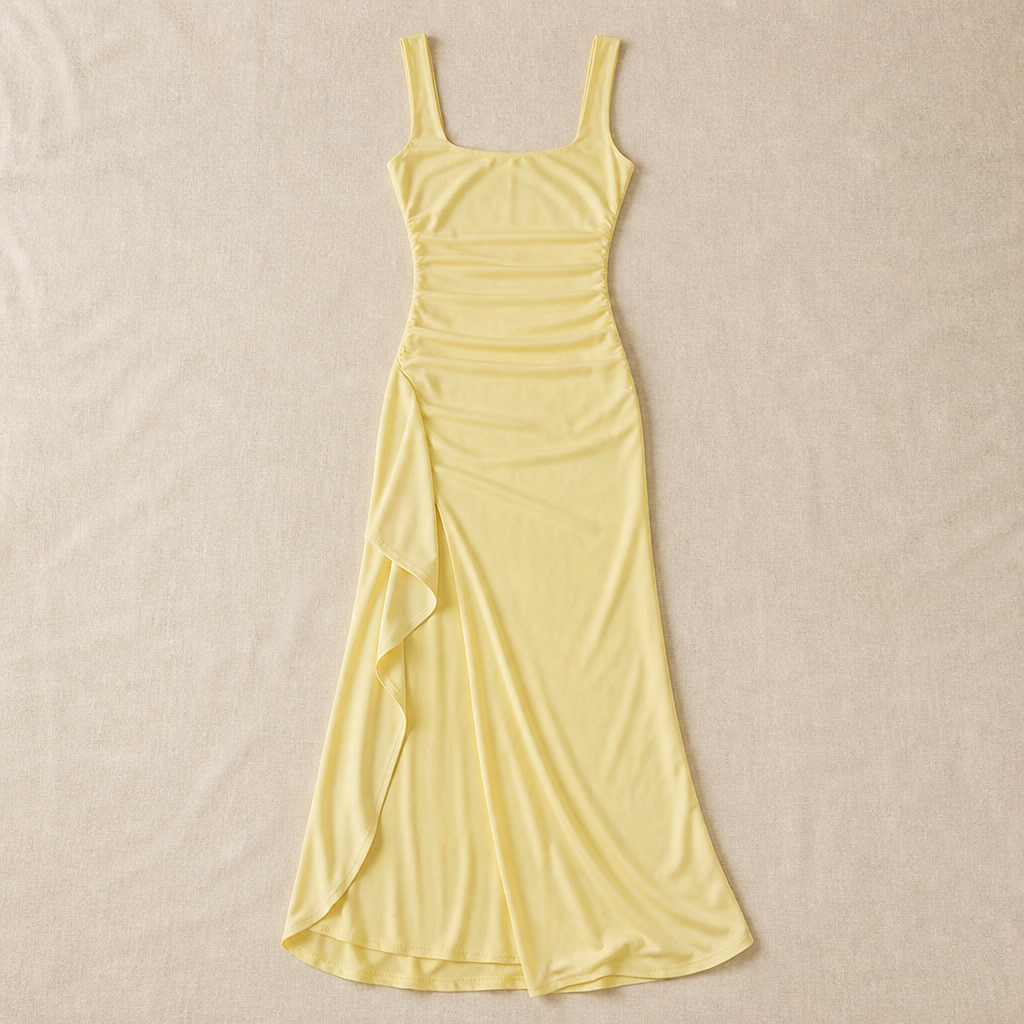 LuminaLuxe™ – Elegant Square-Neck Ruched Maxi Dress with High Thigh Slit