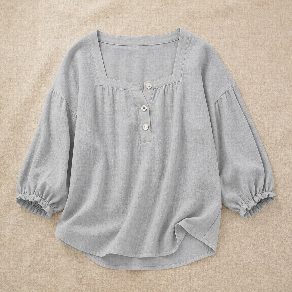 LumaFemme™ – Breezy Square-Neck Puff Sleeve Cotton-Linen Blouse