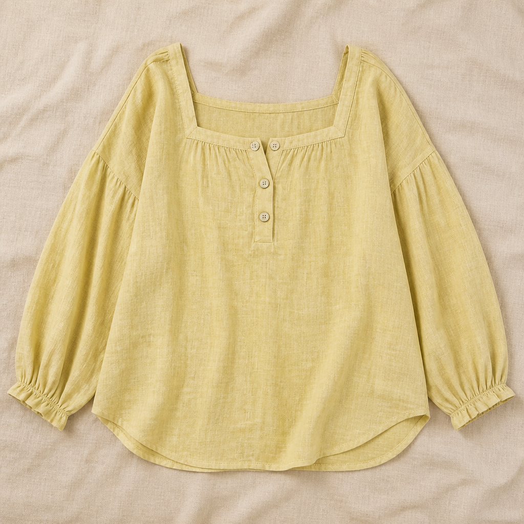 LumaFemme™ – Breezy Square-Neck Puff Sleeve Cotton-Linen Blouse