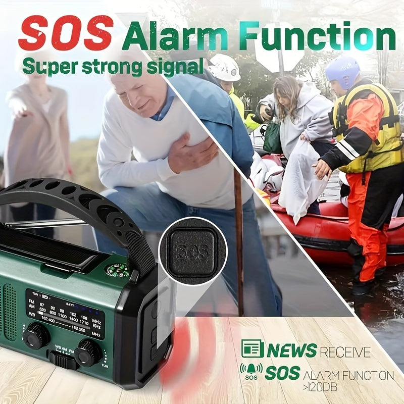 Survival Radio with 10,000 mAh Battery | Solar, Hand Crank & USB-C Charging | LED Torch, SOS Alert & Navigation