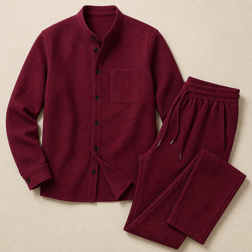 RavenaLux™ – Custom Waffle Knit Mandarin Collar Shirt and Pants Ensemble