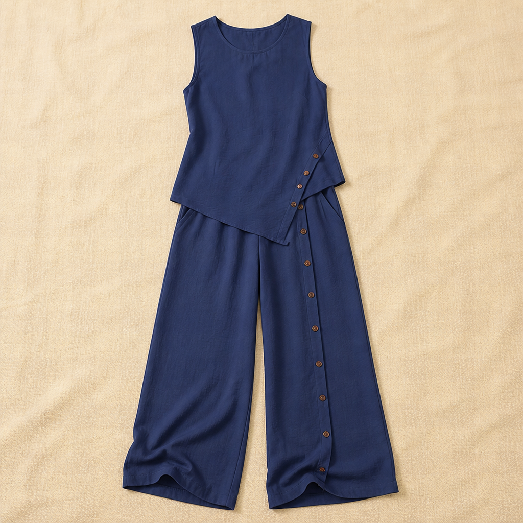 VivaLuxe™ – Breezy Wide-Leg Two-Piece Set with Asymmetric Button Detail