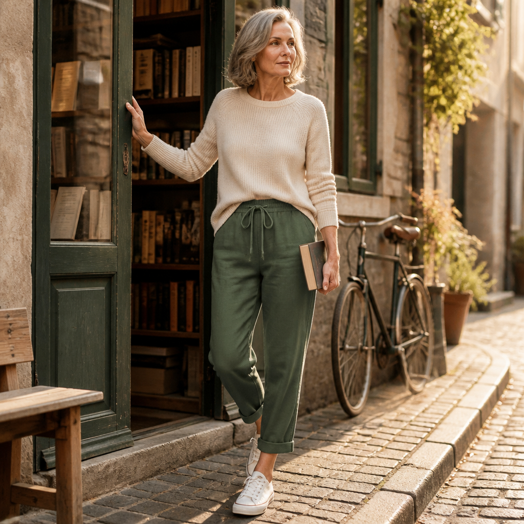 BellaSilk™ – Comfortable Cotton-Linen Tapered Pants with Drawcord Waist