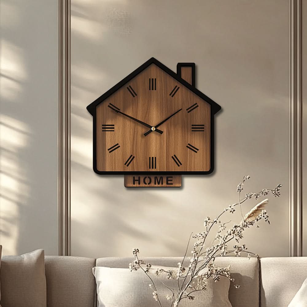 Rustic Wooden Wall Clock in House Shape