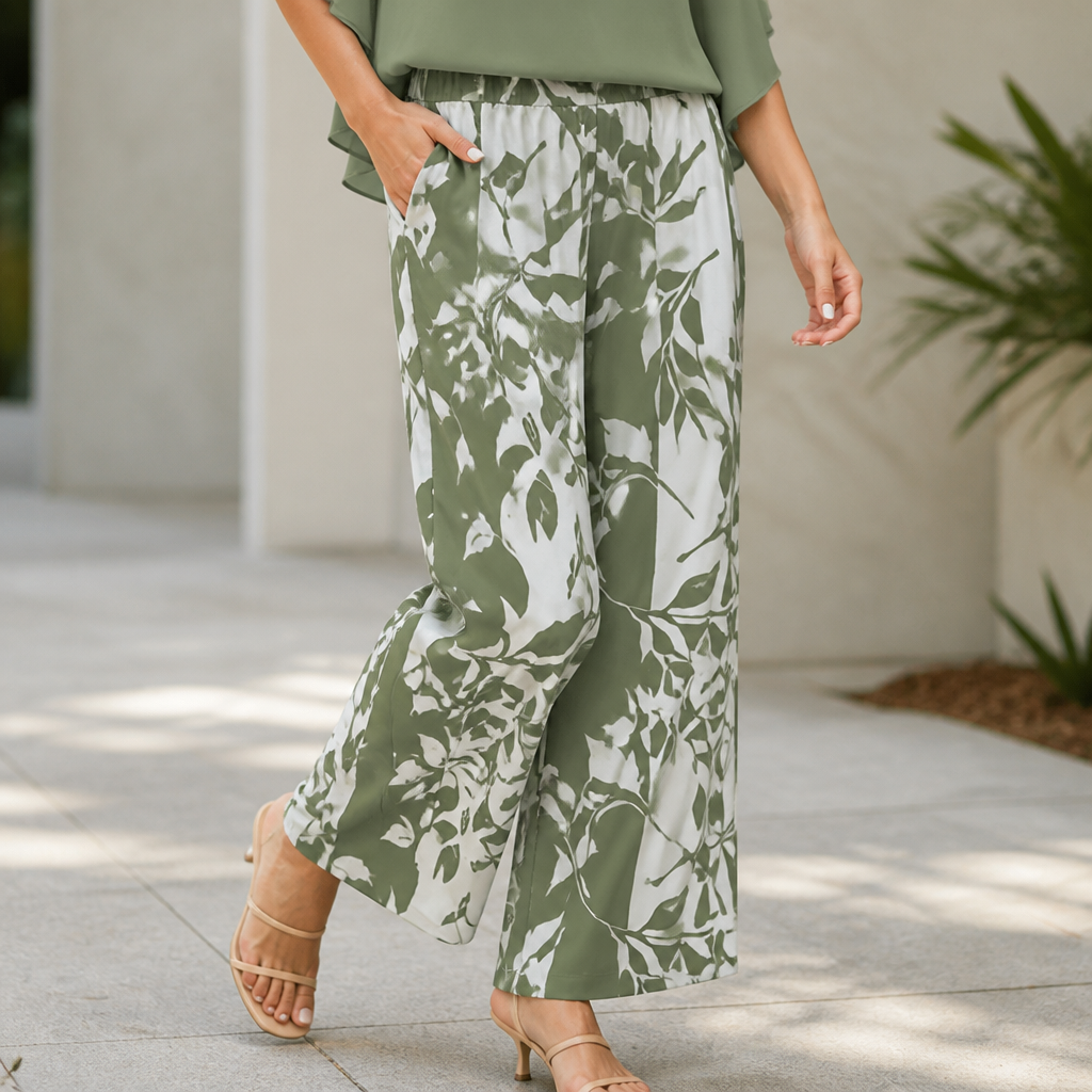 Flexara™ – Stylish Layered Chiffon Blouse with Wide-Leg Printed Pants Set