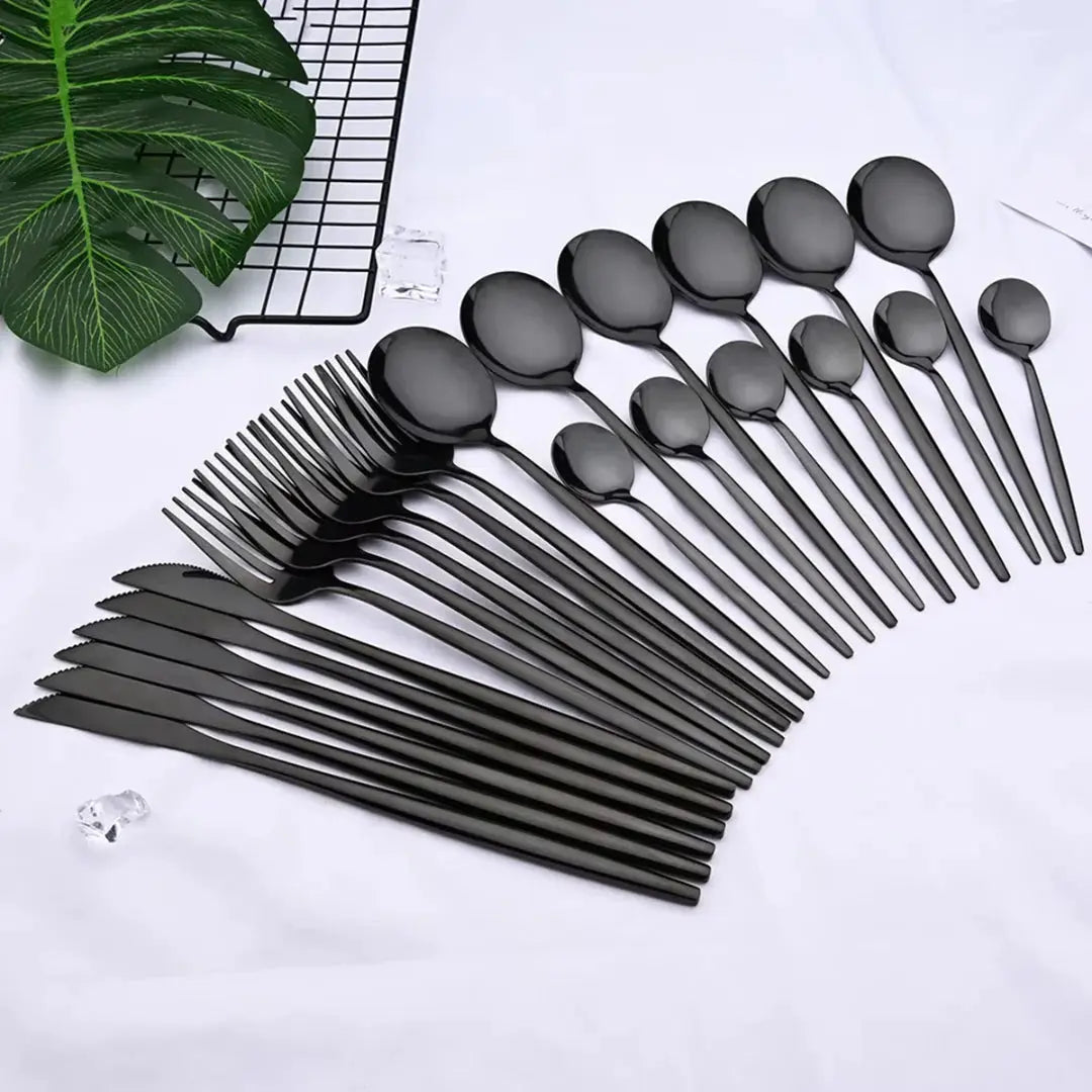 Cutlery Set | 24-Piece Matte Black Finish | Includes Steak Knives | CutleryCraft