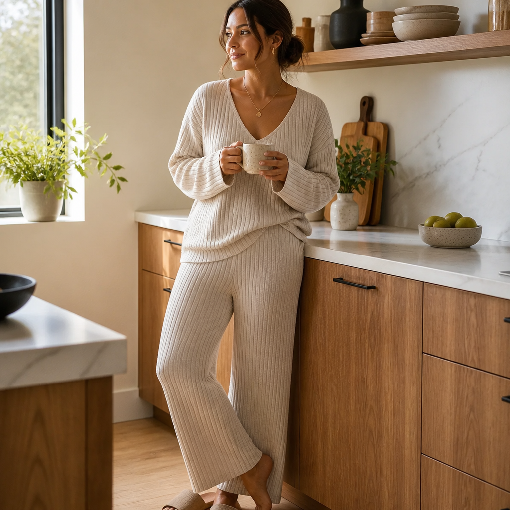 Serelis™ – Soft Ribbed V-Neck Lounge Set Featuring Wide-Leg Pants