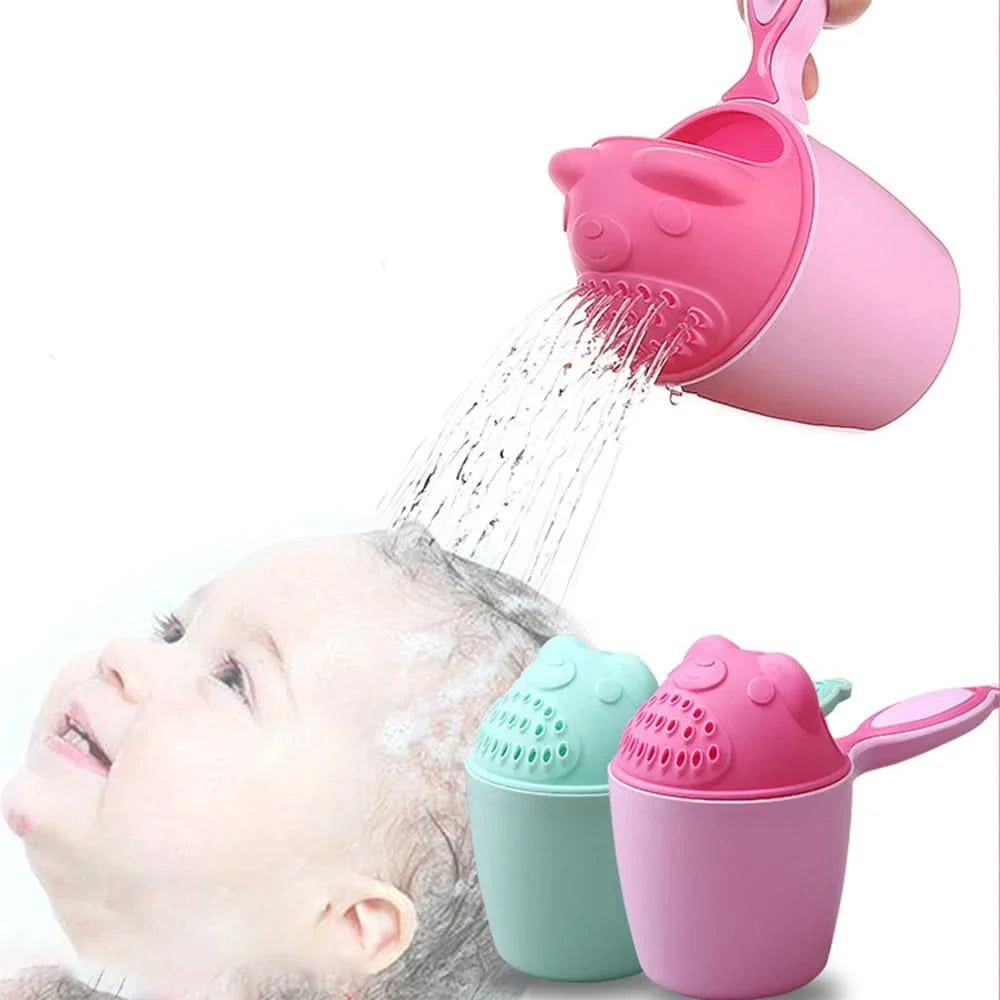 Cute Baby Bath Cap with Water Shield and Fun Shampoo Cup Design