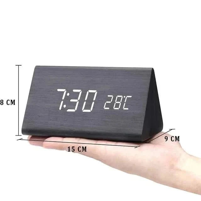 Elegant Wooden-Style LED Alarm Clock with Triple Alarm, Temp Display & Brightness Control