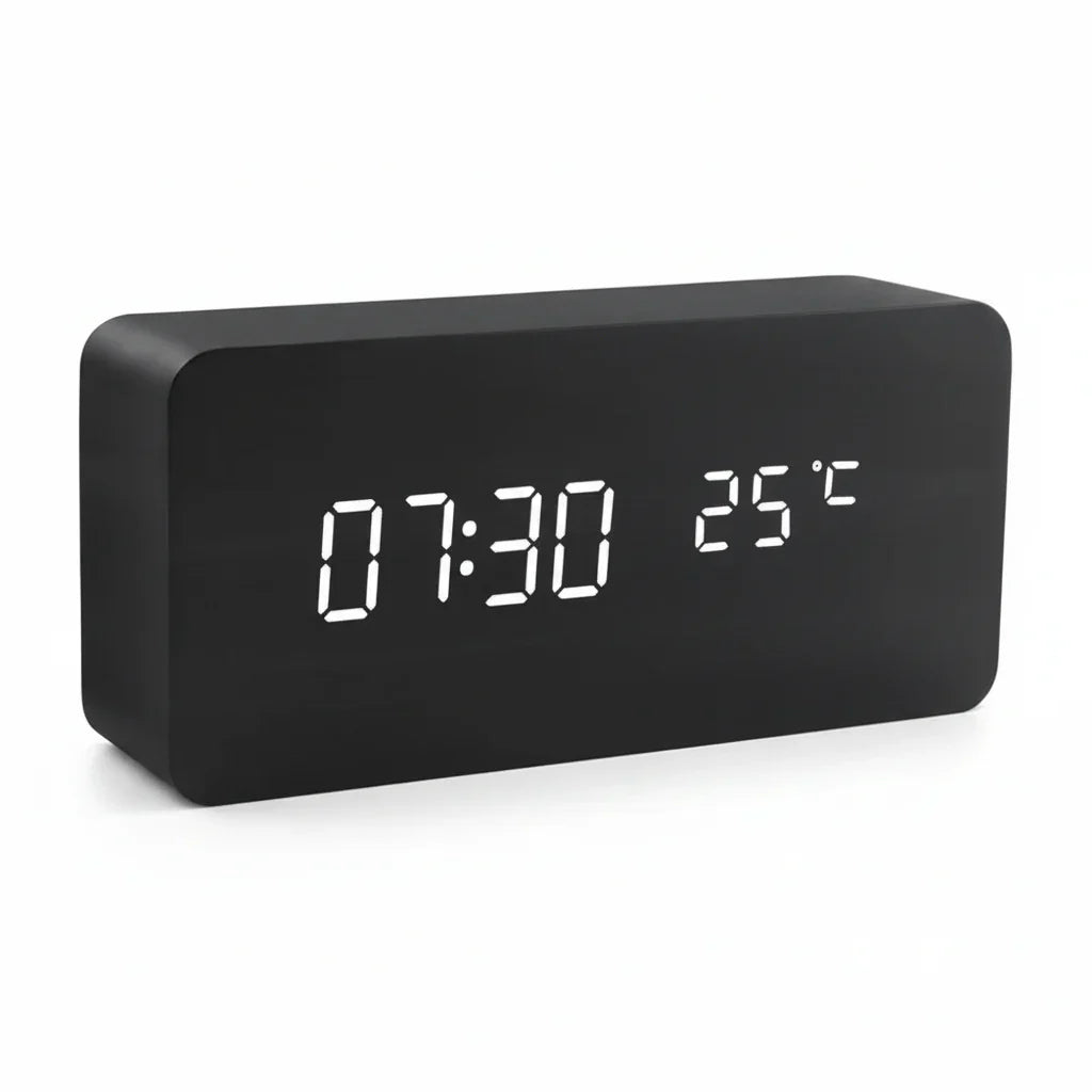 Elegant Wooden-Style LED Alarm Clock with Triple Alarm, Temp Display & Brightness Control