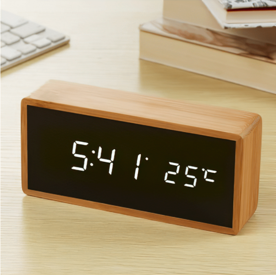 Natural Bamboo LED Alarm Clock with USB & Battery Power