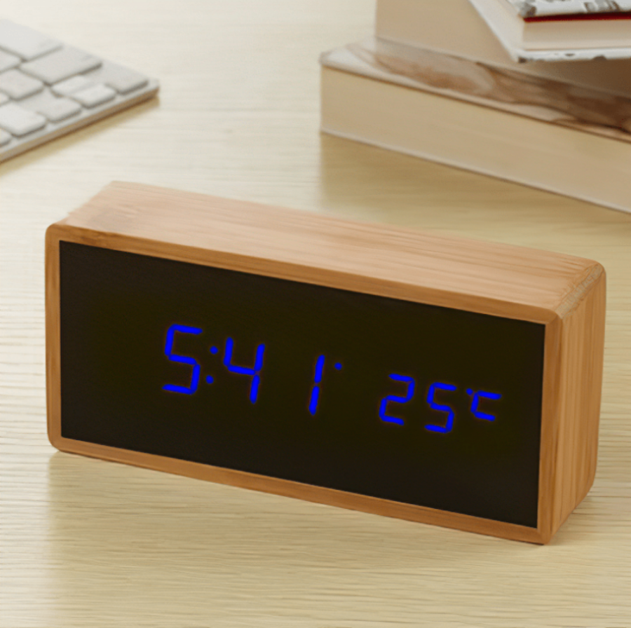 Natural Bamboo LED Alarm Clock with USB & Battery Power