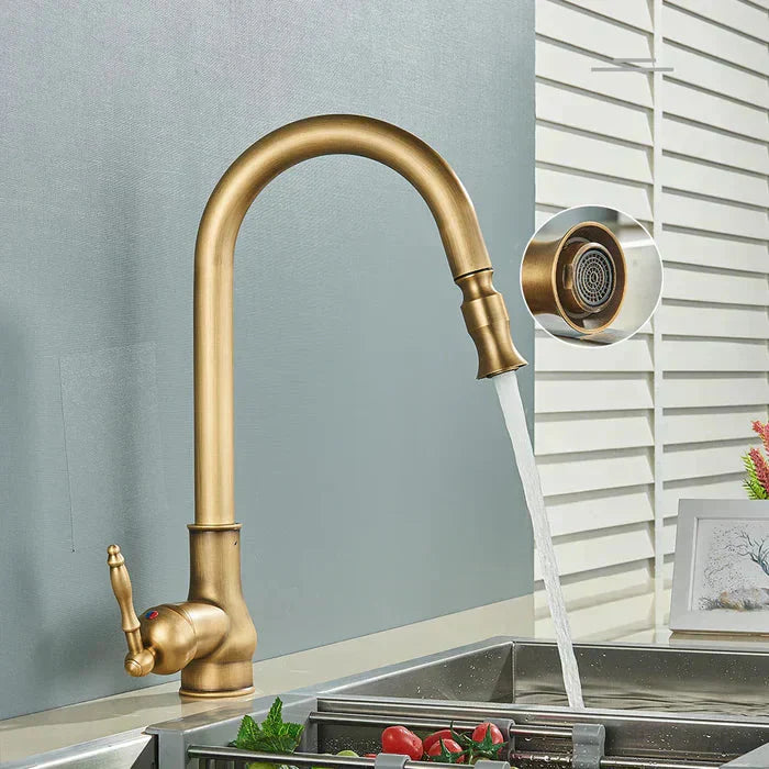 Antique Brass Kitchen Faucet | Swivel Spout | Single Handle Control
