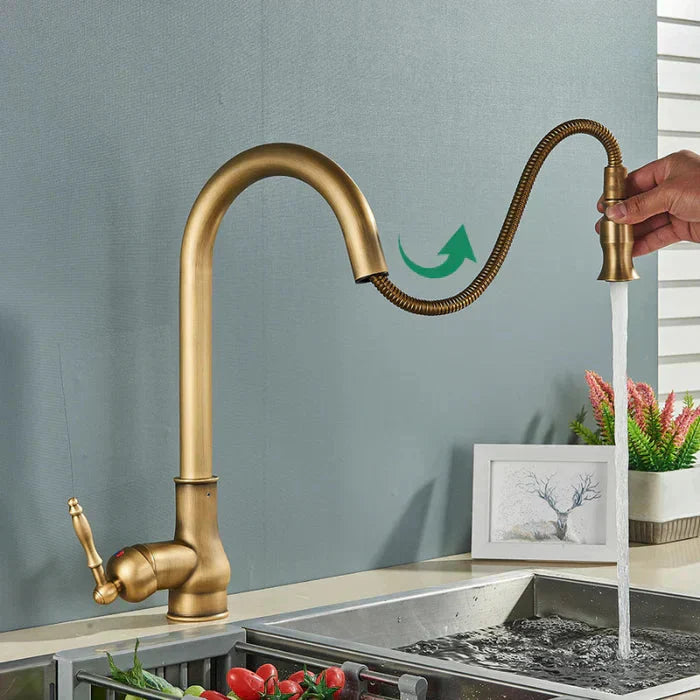 Antique Brass Kitchen Faucet | Swivel Spout | Single Handle Control