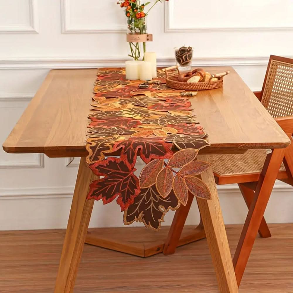 Embroidered Table Runner with Autumn Leaves Design