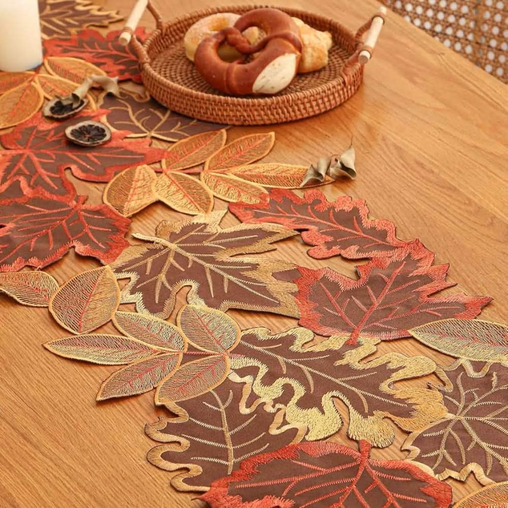 Embroidered Table Runner with Autumn Leaves Design