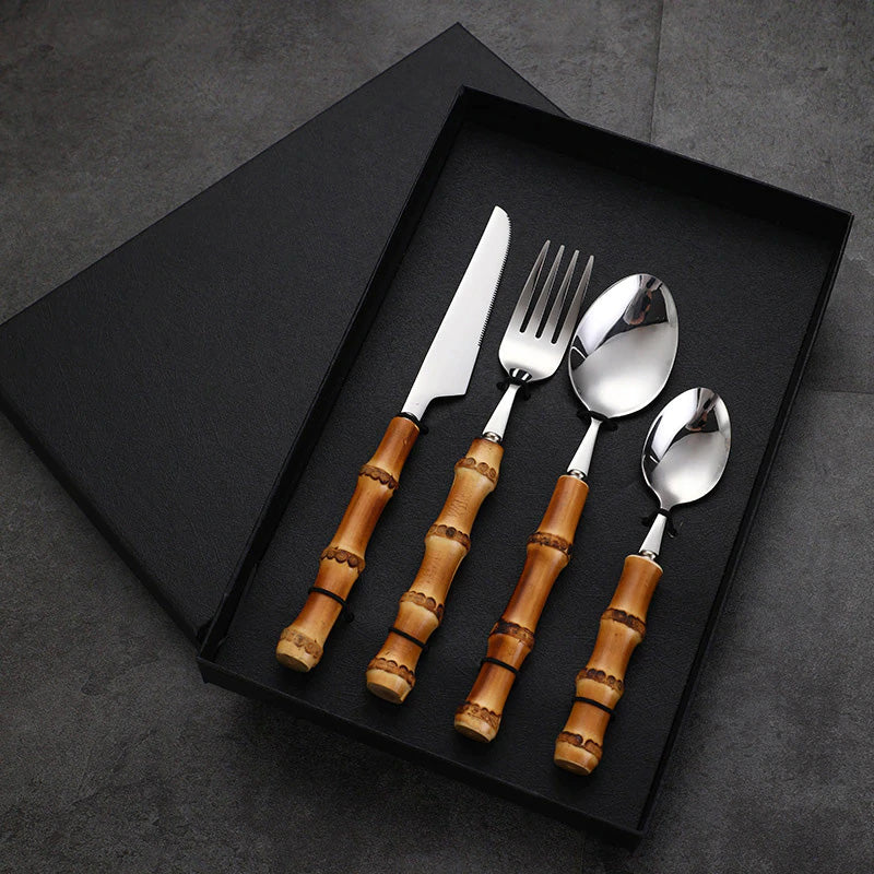 Elegant 16-Piece Cutlery Set with Eco-Friendly Bamboo Handles