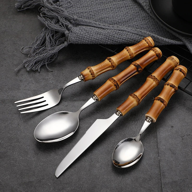 Elegant 16-Piece Cutlery Set with Eco-Friendly Bamboo Handles
