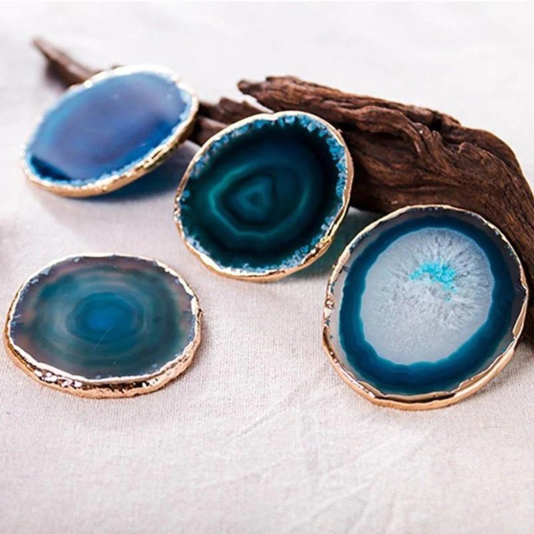 Elegant Natural Stone Drink Coasters with Metallic Trim - 3.5-4 Inch Set