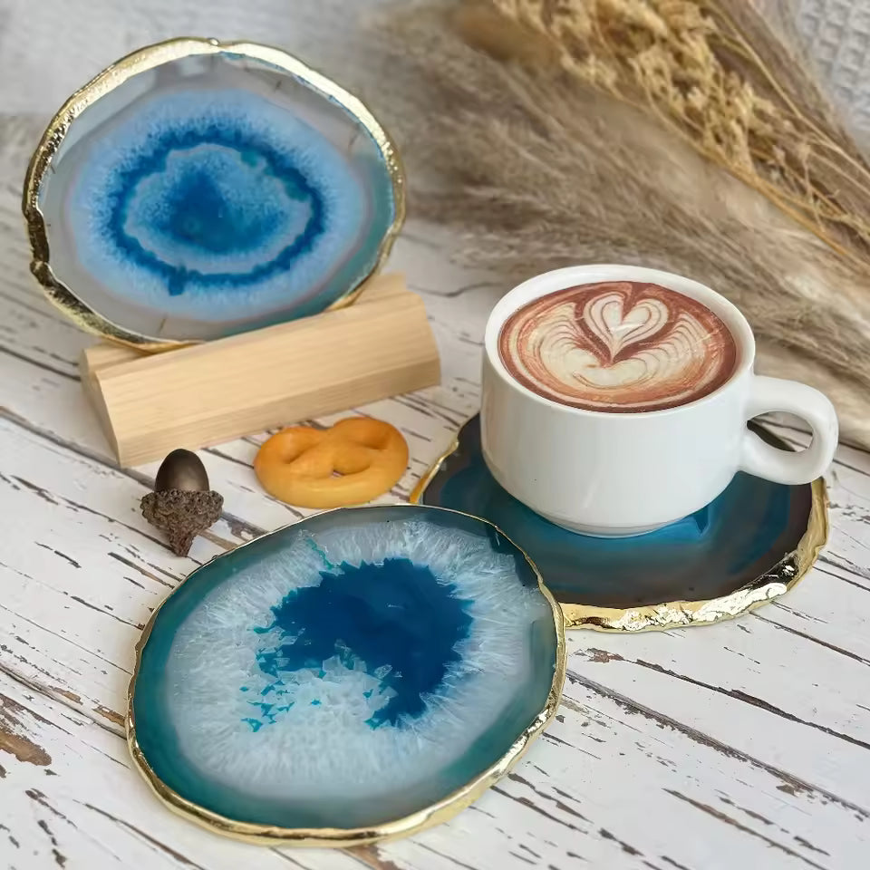 Elegant Natural Stone Drink Coasters with Metallic Trim - 3.5-4 Inch Set