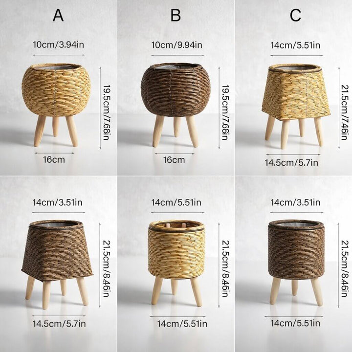 Planter Pot with Wooden Legs | Woven Basket Design | Indoor & Outdoor Use