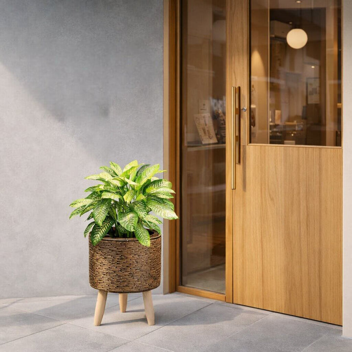 Planter Pot with Wooden Legs | Woven Basket Design | Indoor & Outdoor Use
