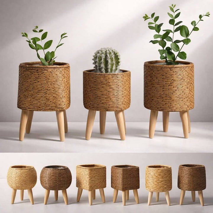 Planter Pot with Wooden Legs | Woven Basket Design | Indoor & Outdoor Use