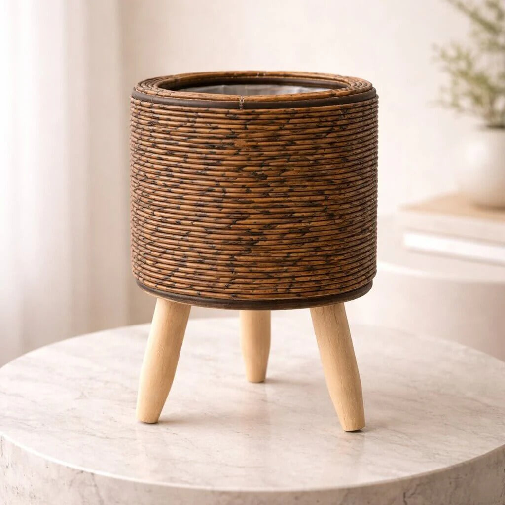 Planter Pot with Wooden Legs | Woven Basket Design | Indoor & Outdoor Use
