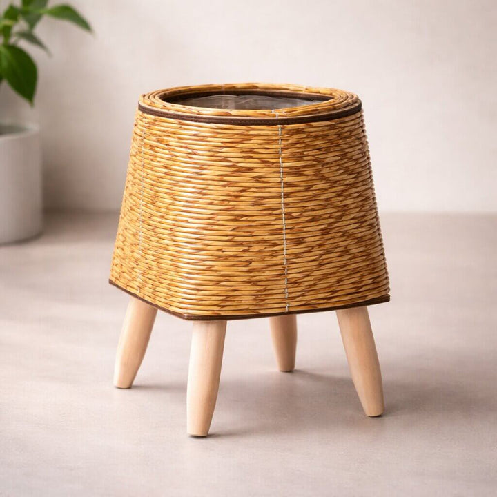 Planter Pot with Wooden Legs | Woven Basket Design | Indoor & Outdoor Use