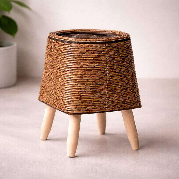 Planter Pot with Wooden Legs | Woven Basket Design | Indoor & Outdoor Use