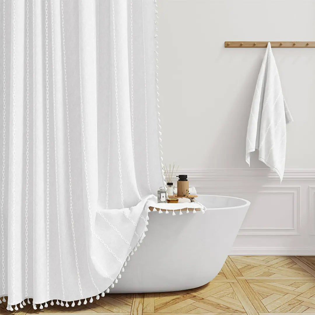 Chic Linen Shower Curtain with Tassel Trim and Water-Resistant Feature
