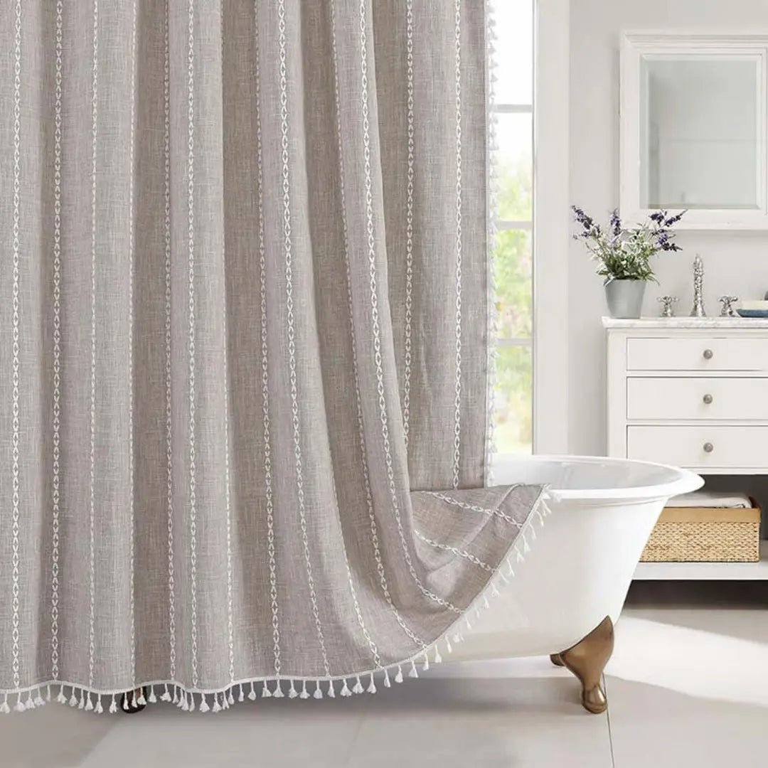 Chic Linen Shower Curtain with Tassel Trim and Water-Resistant Feature